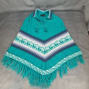 Alpaca Connection Fringe Boho Peruvian Pattern Poncho Turquoise Blue White